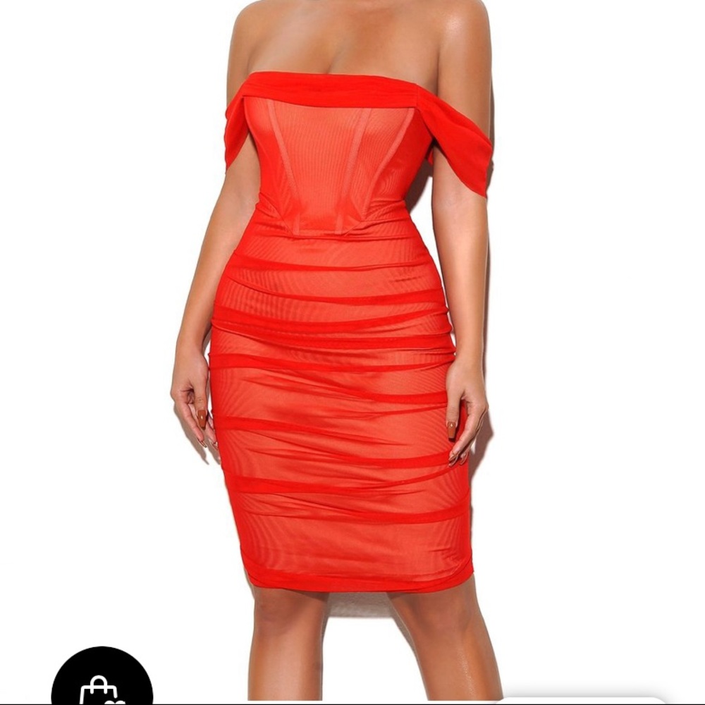 Miss Circle Red Off Shoulder Mesh Corset Dress